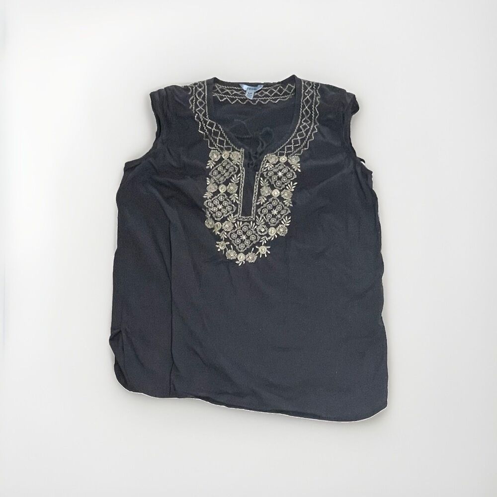 Izod Tank Top Shirt Womens Small Navy Blue Boho Hippie Sleeveless Lace Accent